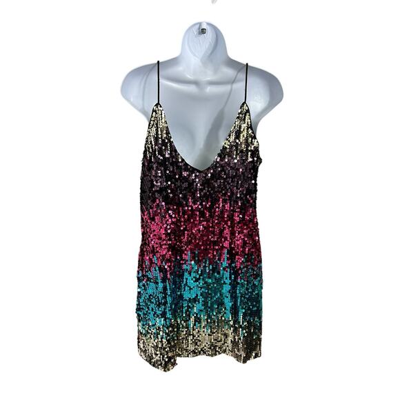 Colorful Sequin Party Mini Dress Sz M Sleeveless V-Neck Prom Discocore Y2K - Picture 5 of 5